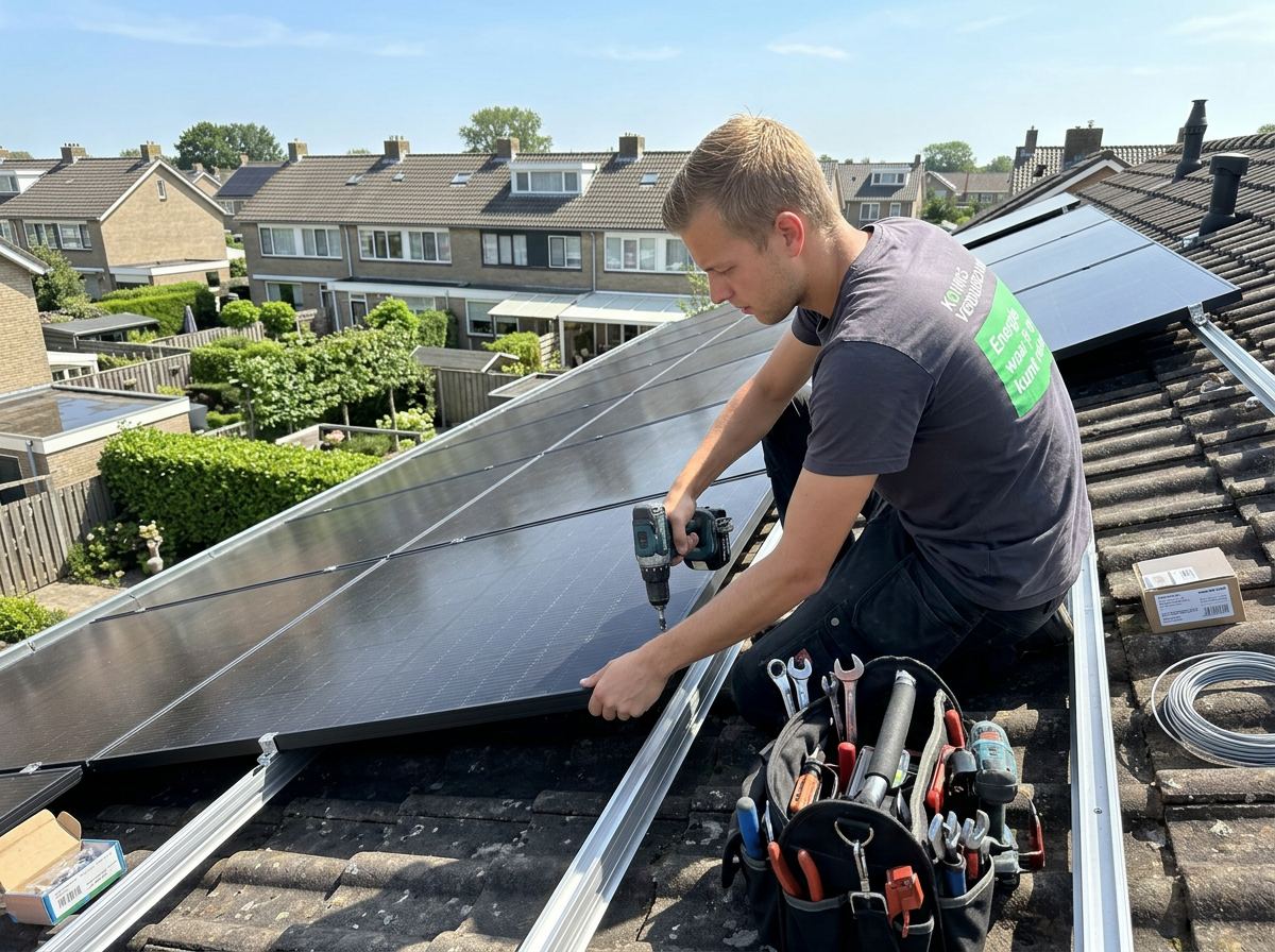 Monteur van Konings Verduurzaming installeert zonnepanelen op een dak